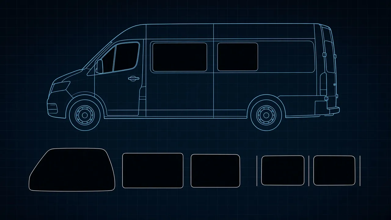 Technical blueprint illustration of a full-size cargo van with cab doors, side windows and rear door glass outlined as tint pattern pieces