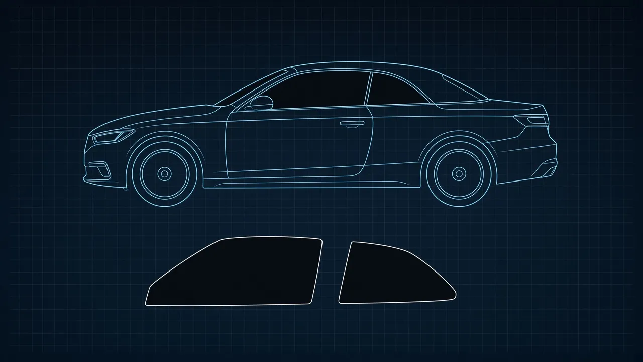 Technical blueprint illustration of a convertible with frameless door glass and rear quarter windows outlined as tint pattern pieces