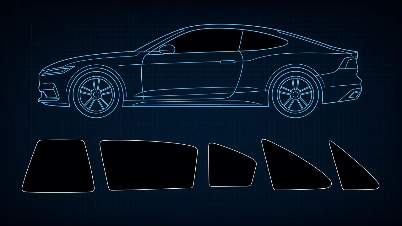 Technical blueprint illustration of a two-door coupe with frameless door glass, rear quarter and back glass outlined as tint pattern pieces