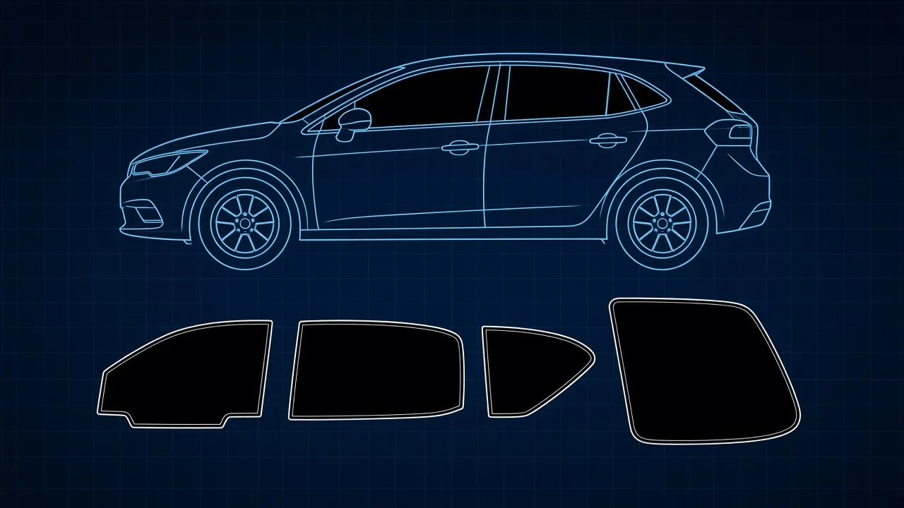 Technical blueprint illustration of a five-door hatchback with door glass, rear quarters and hatch glass outlined as tint pattern pieces