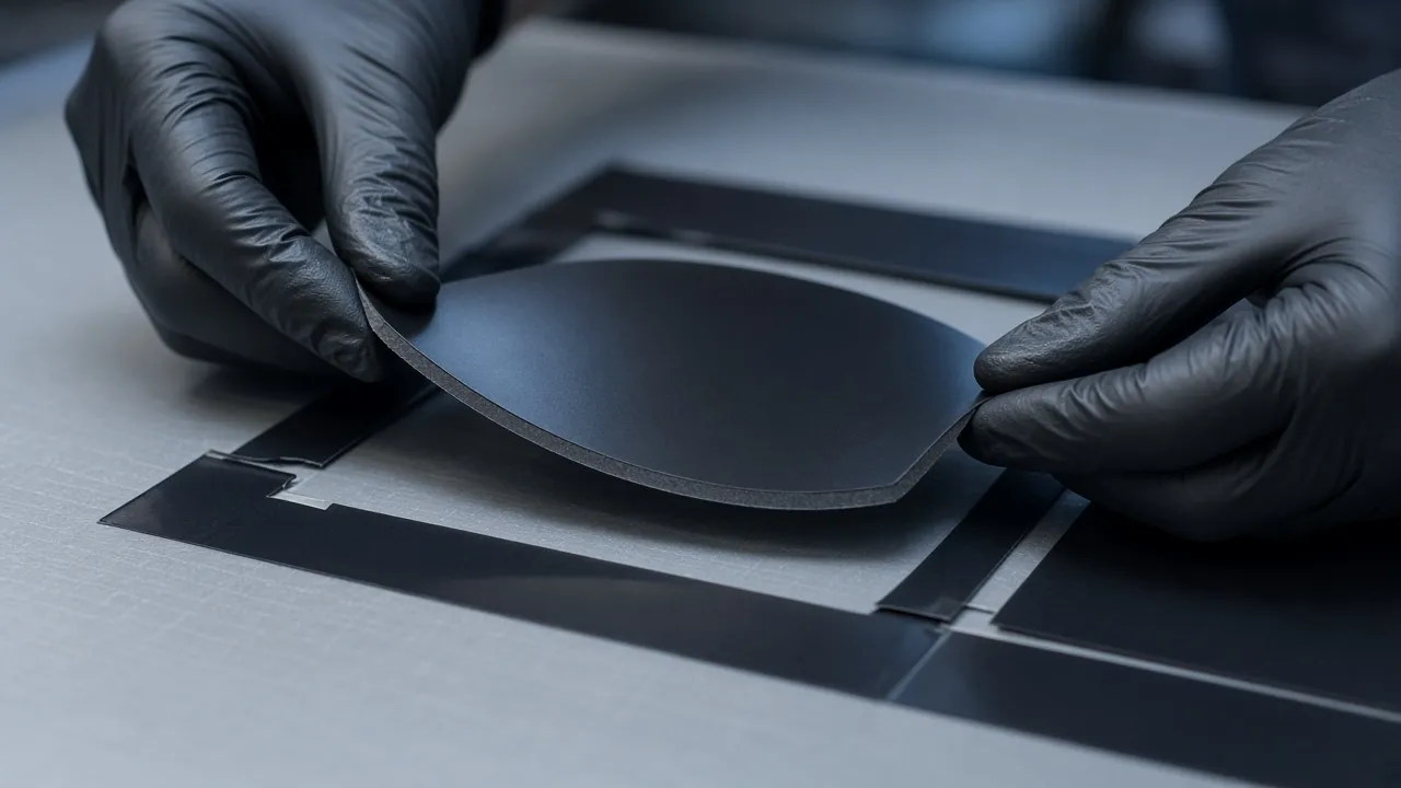 Vinyl plotter cutting a window tint pattern into a roll of dark film in an installer workshop