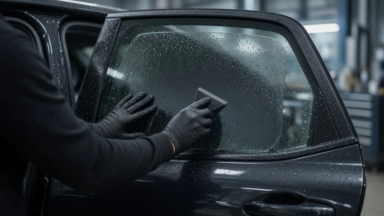 Installer in black gloves positioning a pre-cut tint film piece on wet car door glass with a squeegee