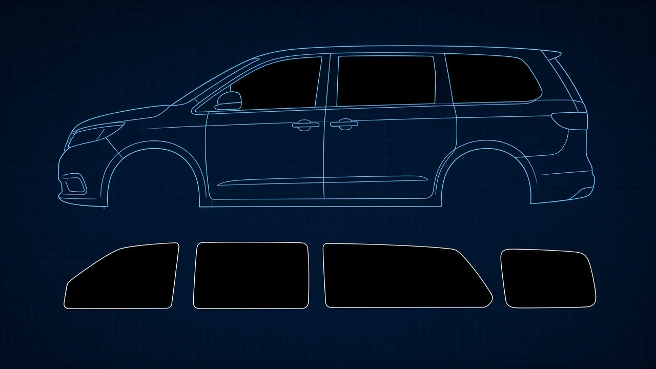 Technical blueprint illustration of a minivan with front door, sliding door, rear quarter and liftgate glass outlined as tint pattern pieces