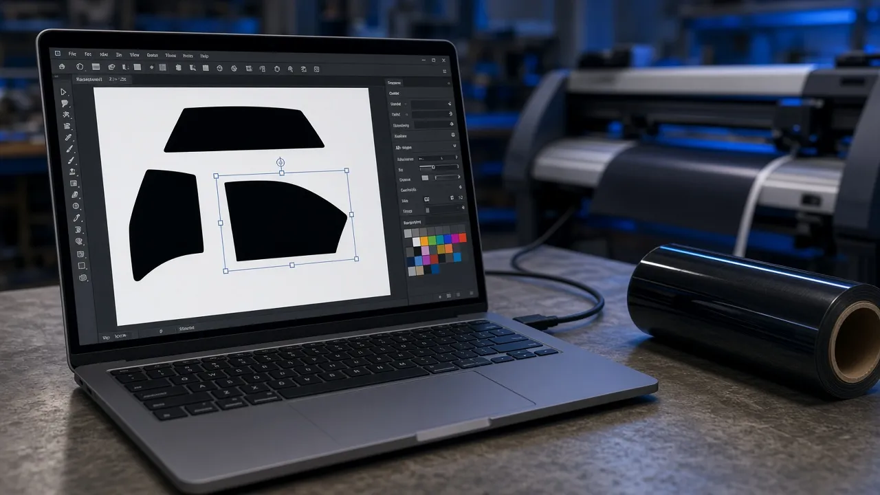 Laptop showing vector window tint pattern outlines next to a printed PDF template sheet and a measuring tape