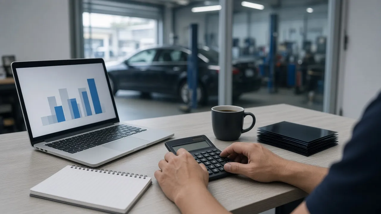 Calculator, notebook with cost columns and a tablet showing a tint shop budget on a workshop desk
