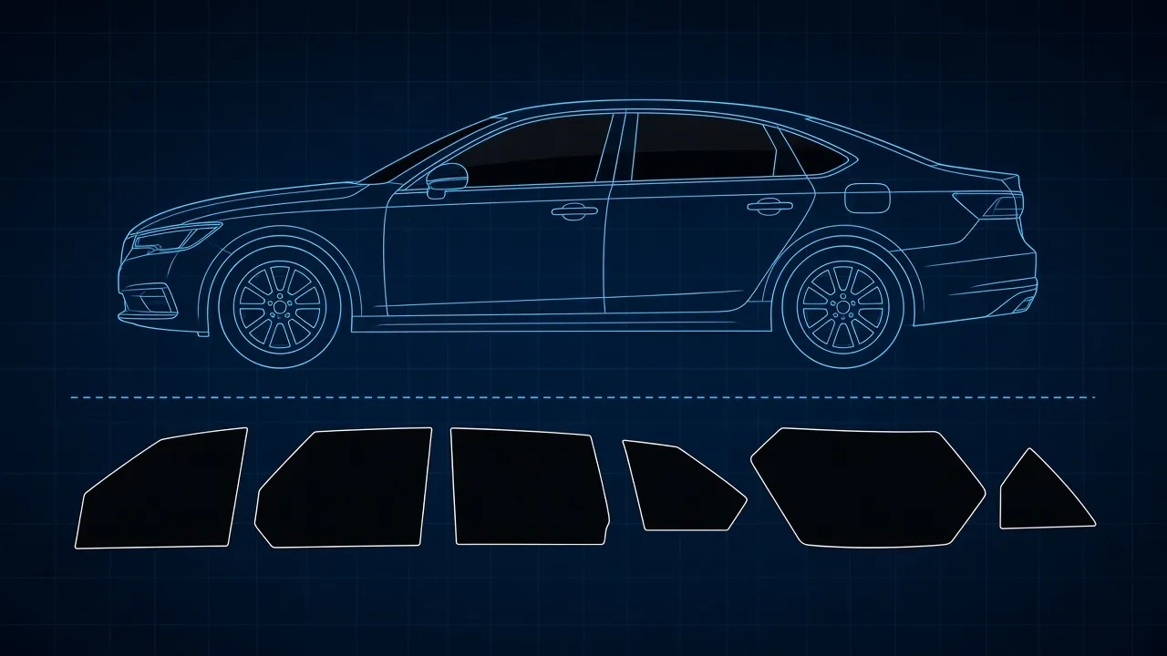 Technical blueprint illustration of a sedan with its side windows and rear windshield outlined as tint pattern pieces
