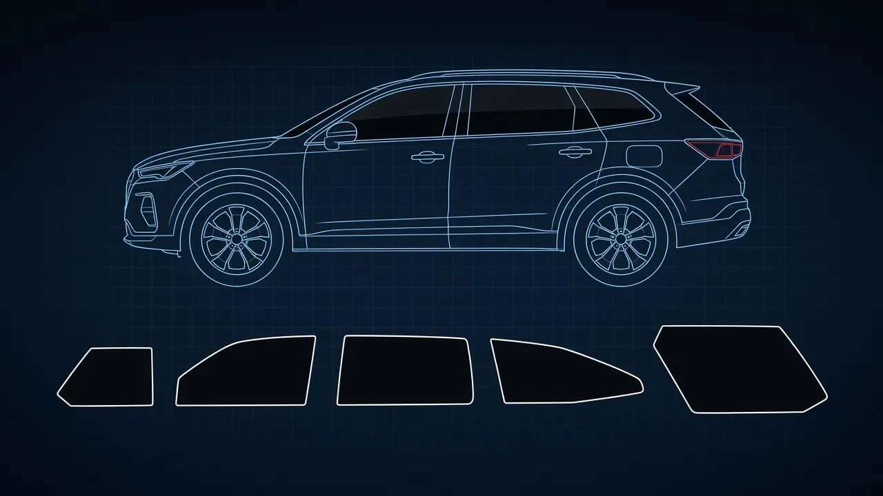 Technical blueprint illustration of an SUV with door glass, large rear quarter windows and liftgate glass outlined as tint pattern pieces