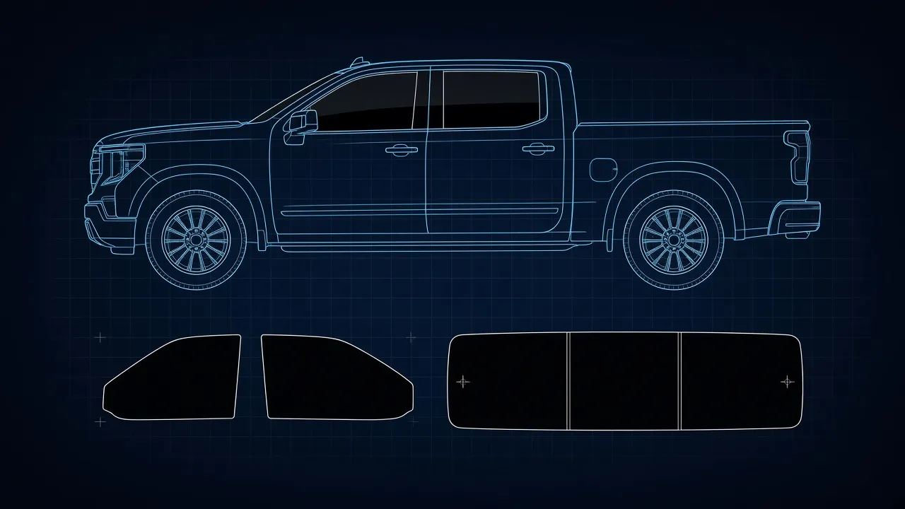 Technical blueprint illustration of a crew cab pickup truck with door glass and rear cab window outlined as tint pattern pieces