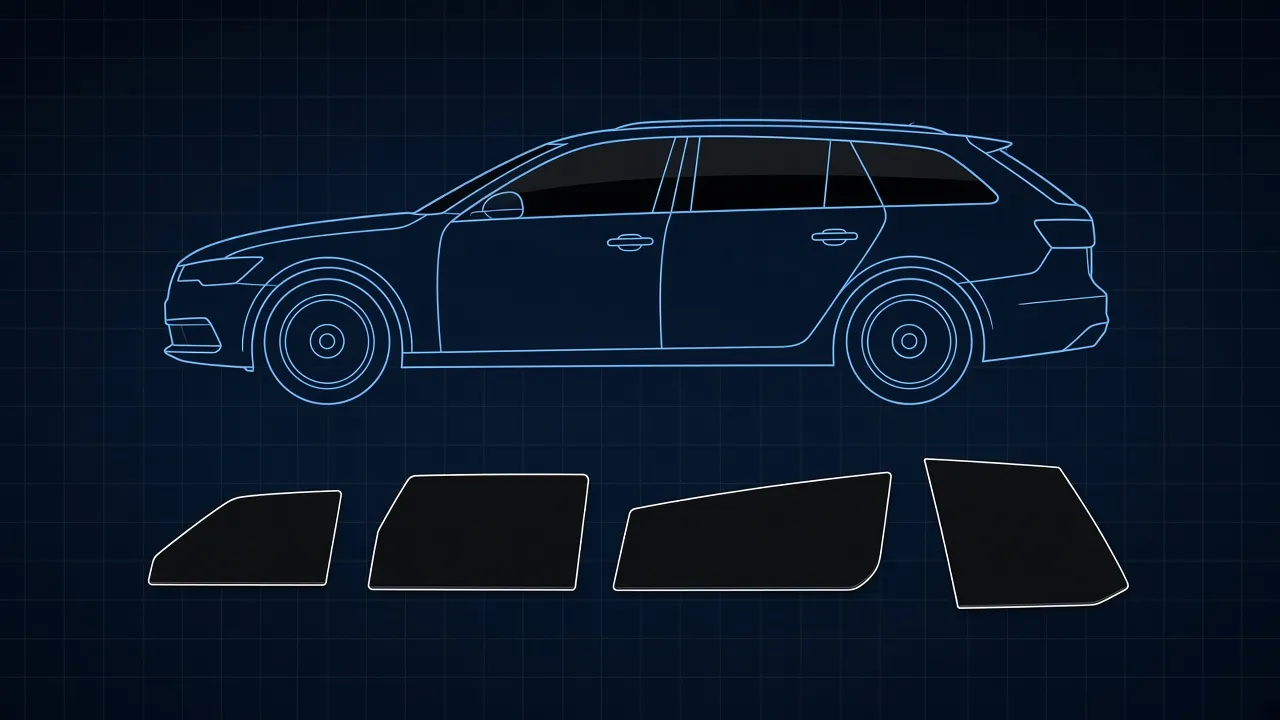 Technical blueprint illustration of a station wagon with door glass, long rear quarter windows and tailgate glass outlined as tint pattern pieces
