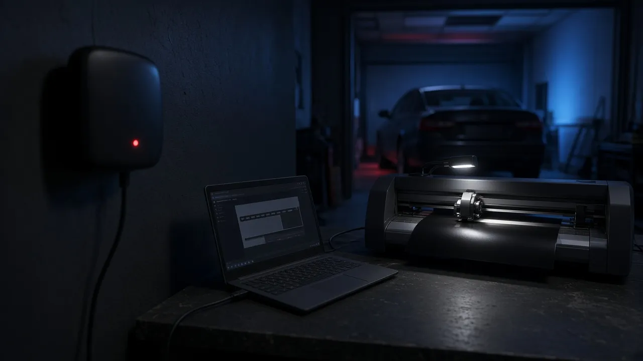 Tint shop workstation with a router showing no connection, while a laptop opens a locally saved tint pattern file