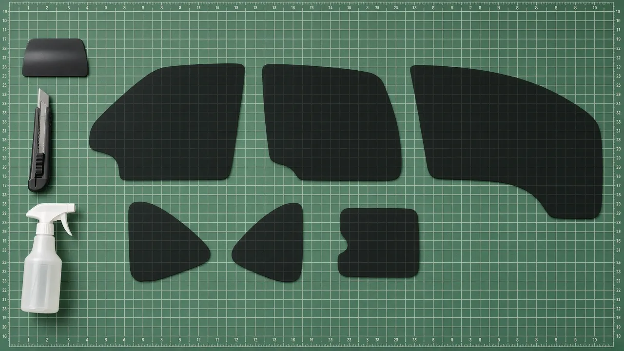 Computer-cut window tint pattern kit laid out on a cutting mat: door glass, quarter windows and a curved rear windshield piece