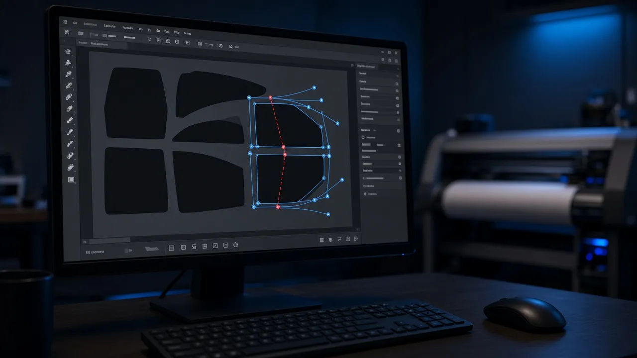 Computer monitor showing vector window tint pattern outlines in cutting software beside a vinyl cutter